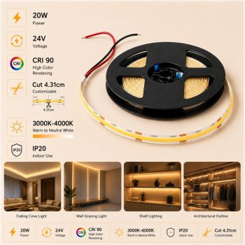 Noorco Plus COB adhesive LED strip with a power rating of 10W, operating at 24V and cuttable every 4.31 cm.