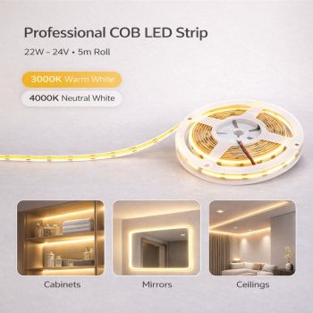 شريط ليد COB احترافي 22 واط 24 فولت 5 متر – 3000K دافئ و4000K أبيض طبيعي