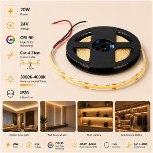 Noorco Plus COB adhesive LED strip with a power rating of 10W, operating at 24V and cuttable every 4.31 cm.