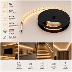 Adhesive LED strip with a power rating of 20W, operating at 24V, supplied in a 5-meter length with high color accuracy of CRI 95 and cuttable every 5 cm.