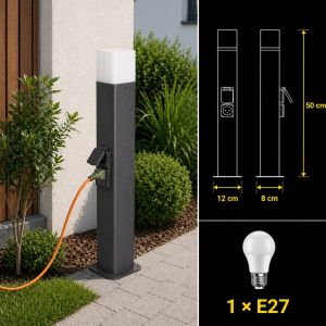 عامود حديقة 50 سم أسود بدون لمبة - E27مع 2أفياش 13أمبير	