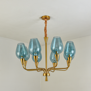 Brazen Chandelier Modern- 8*14E Blue glass