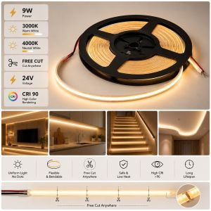 9W Noorco adhesive LED strip operating at 24V, supplied in a 5-meter roll with free cutting flexibility.