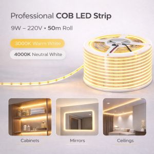 High-density COB LED strip light, 220V – 9W – 50-meter roll.