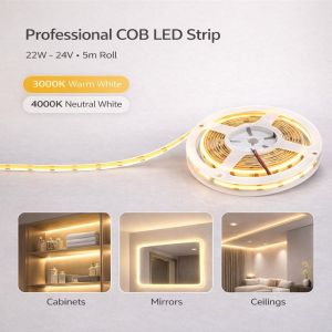 شريط ليد COB احترافي 22 واط 24 فولت 5 متر – 3000K دافئ و4000K أبيض طبيعي