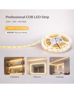 شريط ليد COB احترافي 22 واط 24 فولت 5 متر – 3000K دافئ و4000K أبيض طبيعي