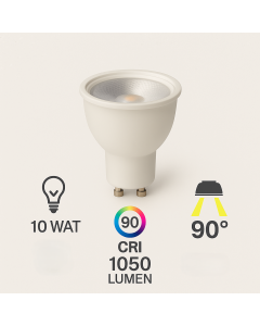 GU10 bulb, 10 watts, with a color rendering index (CRI) of 90.